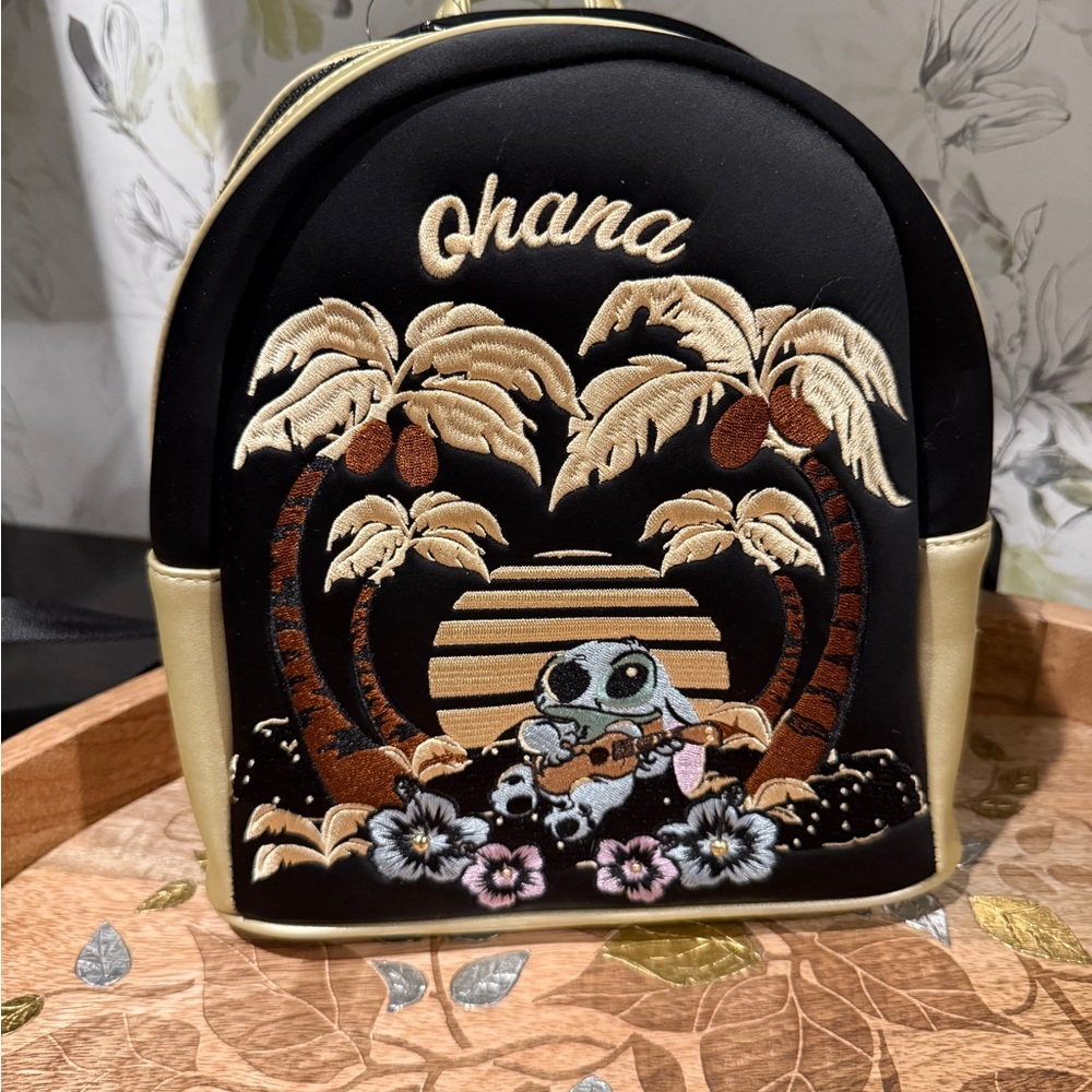 Stitch Black and Gold Backpack with Palm Tree Loungefly